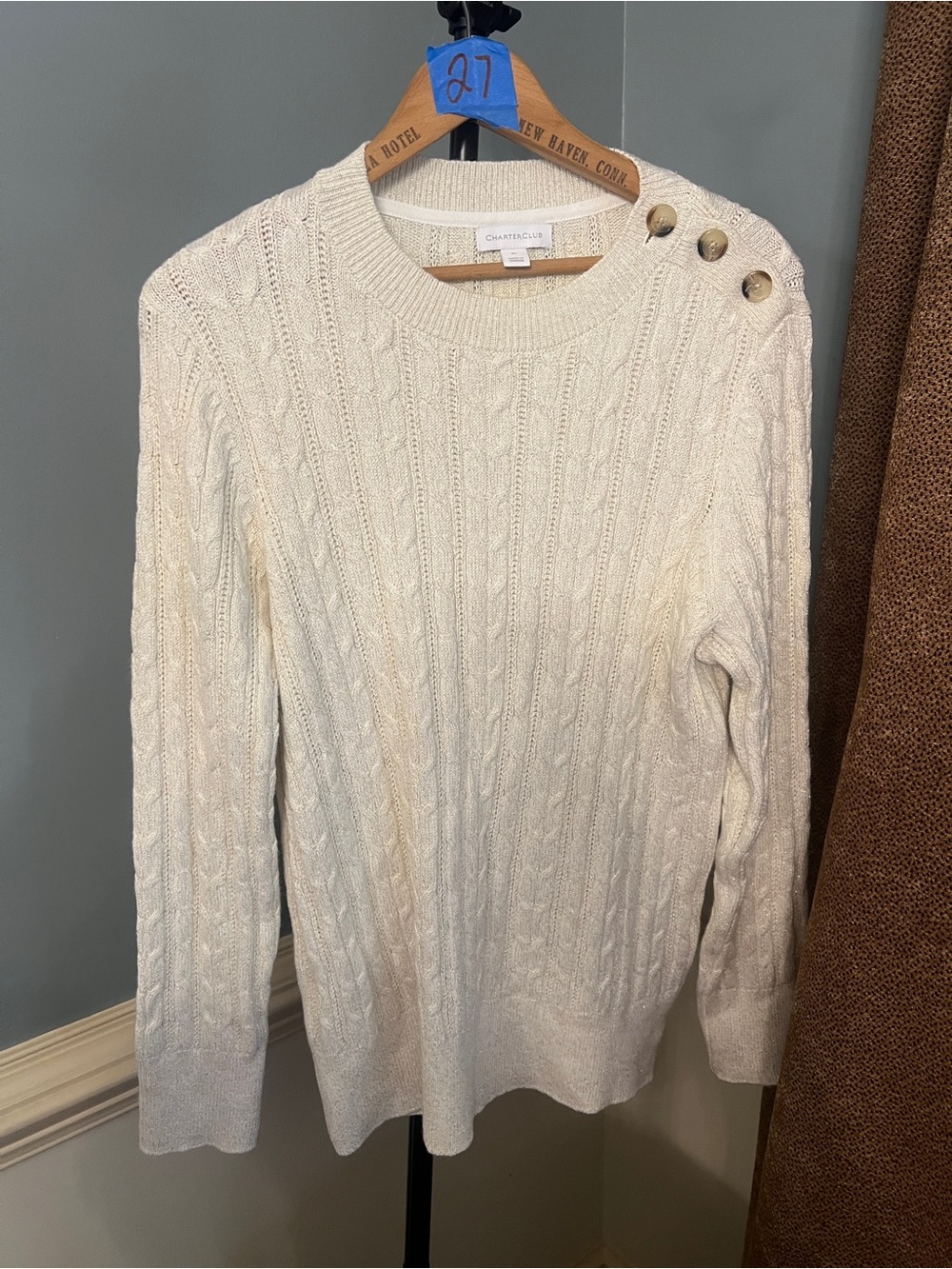 Charter Club Cream Cable Knit Sweater with Shoulder Buttons